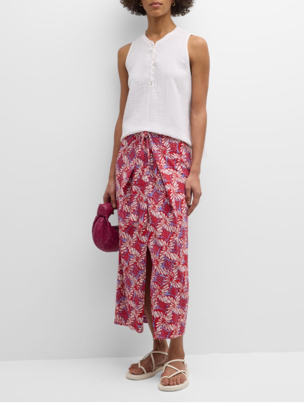 Xirena Ines skirt  red and white abstract floral wrap-style front tie cotton xl